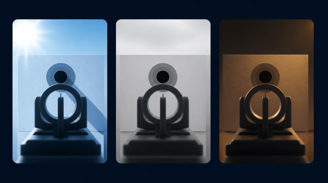 The same sight picture in three lighting conditions