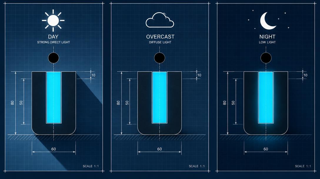The same sight picture in three lighting conditions